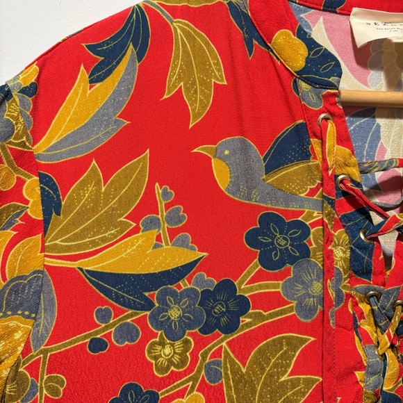 Sezane Floral Blouse Size Small Size 36 Oversized Peplum Tie Up Red Florsl Birds - Picture 6 of 13
